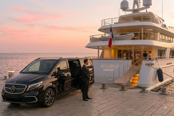 Chauffeur prive Mercedes V-Class devant un yacht